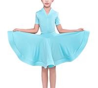 QMIQMI Girl Short Sleeves Standard Latin Dance Dress Children Ballroom Dance Big Swing Skirt for Salsa Rumba Cha Cha Samba Tango Top Professional Dance Costume,Blue,12 Years