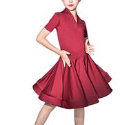 QMIQMI Girl Short Sleeves Standard Latin Dance Dress Children Ballroom Dance Big Swing Skirt for Salsa Rumba Cha Cha Samba Tango Top Professional Dance Costume,Red,16 Years
