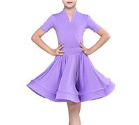 QMIQMI Girl Short Sleeves Standard Latin Dance Dress Children Ballroom Dance Big Swing Skirt for Salsa Rumba Cha Cha Samba Tango Top Professional Dance Costume,Purple,8 Years