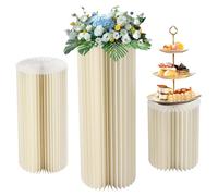 QmjdDymx 3 Pcs Cylinder Pedestal Stand Elegant 11/15/19" White Cardboard Cylinder Stands Foldable Reusable Wedding Dessert Cake Stand With Acrylic Lid for Anniversary,Cylinder Tables for Parties