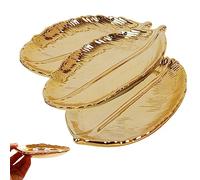 QmjdDymx 3Pcs/Set Leaf Trinket Dish Gold Cosmetic Trays Jewellery Dish Large Capacity Ceramic Key Bowl Ring Dish Jewelry Holder Sparkling Decorative Gift For Home Engagament Wedding