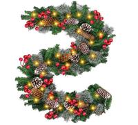 QmjdDymx 8.9Ft Christmas Garland With Lights For Stairs, Artificial Pine Cones Red Berry Lighted Garland Battery Operated 50 Led Lights For Indoor Outdoor Decor