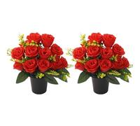 QmjdDymx Grave Flower Pots,2Pcs Grave Flower Pots 12 Heads Artificial Red Rose Cemetery Flowers, Fake Funeral Grave Flowers for Memorial Cemetery Decoration,Cemetery Flowers