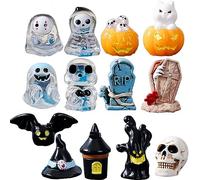 QmjdDymx Halloween Miniatures Figurines, 13Pcs Small Halloween Decorations Mini Village Tombstones Pumpkin Skulls Heads Miniature Halloween Garden Landscape For Yard Garden Outdoor Decor