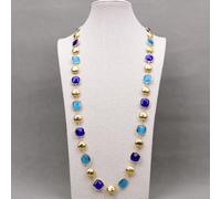 QMKADFQXF 35'' Blue Cat eye Square Gold Plated Brushed Coin Beads Long Necklace Sweater chain Lady Gifts