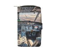 QMKFWT Airplane Cockpit Leather Wallet Long Checkbook Wallets Classic Bifold Ladies Clutch with ID Window