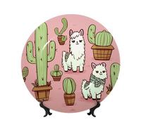 QMKFWT Alpaca and Cactus Bone China Decorative Plate,10inï¼ˆ25cmï¼‰ Ceramic Decorative Plates with Display Stand,Ceramic Ornaments Art Porcelain Plate for Home Office Wall Decor Collections Plates