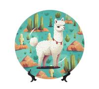 QMKFWT Alpaca Cactus Bone China Decorative Plate,6inï¼ˆ15cmï¼‰ Ceramic Decorative Plates with Display Stand,Ceramic Ornaments Art Porcelain Plate for Home Office Wall Decor Collections Plates