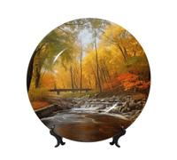 QMKFWT Autumn River Park Bone China Decorative Plate,6inï¼ˆ15cmï¼‰ Ceramic Decorative Plates with Display Stand,Ceramic Ornaments Art Porcelain Plate for Home Office Wall Decor Collections Plates