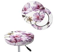 QMKFWT Bar Stool Cover Three Purple Flowers Round Bar Stool Seat Covers with Elastic Bands Dustproof Bar Chair Covers Washable Stool Cushion Covers Stretch Slipcover for 12-14 Inch Chair