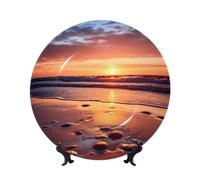 QMKFWT Beach and Sunset Glow Bone China Decorative Plate,8inï¼ˆ20cmï¼‰ Ceramic Decorative Plates with Display Stand,Ceramic Ornaments Art Porcelain Plate for Home Office Wall Decor Collections Plates