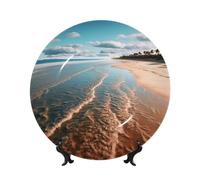 QMKFWT Beach Bone China Decorative Plate,8inï¼ˆ20cmï¼‰ Ceramic Decorative Plates with Display Stand,Ceramic Ornaments Art Porcelain Plate for Home Office Wall Decor Collections Plates