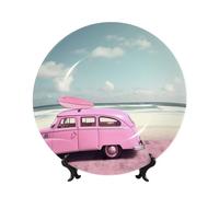 QMKFWT Beach Pink Car Bone China Decorative Plate,7in Ceramic Decorative Plates with Display Stand,Ceramic Ornaments Art Porcelain Plate for Home Office Wall Decor Collections Plates