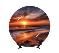 QMKFWT Beach Sunrise Bone China Decorative Plate,8inï¼ˆ20cmï¼‰ Ceramic Decorative Plates with Display Stand,Ceramic Ornaments Art Porcelain Plate for Home Office Wall Decor Collections Plates