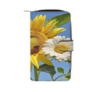 QMKFWT Bees Sunflowers Daisy Rose Flowers Leather Wallet Long Checkbook Wallets Classic Bifold Ladies Clutch with ID Window