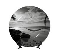 QMKFWT Black and White Beach Bone China Decorative Plate,7in Ceramic Decorative Plates with Display Stand,Ceramic Ornaments Art Porcelain Plate for Home Office Wall Decor Collections Plates