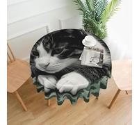 QMKFWT Black and White Cat Printed Round Tablecloth,Dust-Proof Wrinkle Resistant Table Cover Washable Polyester Table Cloth for Kitchen Dining Room Farmhouse Picnic Indoor Outdoor(Round 60 Inch)