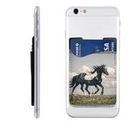 QMKFWT Black and White Horses Running Phone Wallet, Stick On Card Holder for Back of Phone Case - Leather Cell Phone Card Wallet Sleeve Adhesive Phone Pocket - Compatible with Most Cell Phones