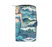 QMKFWT Blue Waves Squama Mermaid Scale Leather Wallet Long Checkbook Wallets Classic Bifold Ladies Clutch with ID Window