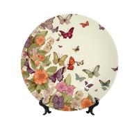 QMKFWT Butterflies Flowers Bone China Decorative Plate,6inï¼ˆ15cmï¼‰ Ceramic Decorative Plates with Display Stand,Ceramic Ornaments Art Porcelain Plate for Home Office Wall Decor Collections Plates