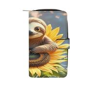 QMKFWT Cartoon Sloth Sitting on Sunflower Leather Wallet Long Checkbook Wallets Classic Bifold Ladies Clutch with ID Window