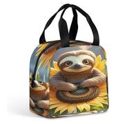 QMKFWT Cartoon Sloth Sitting on Sunflower Lunch Bag Durable Insulated Large Gym Lunch Tote Box Portable Leakproof Cooler Food Containers Reusable Lunchbox for Work Travel Picnic