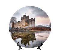 QMKFWT Castle Near Lake Stones Bone China Decorative Plate,7in Ceramic Decorative Plates with Display Stand,Ceramic Ornaments Art Porcelain Plate for Home Office Wall Decor Collections Plates