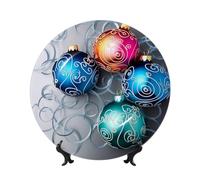 QMKFWT Christmas Curlicues on Baubles Bone China Decorative Plate,7in Ceramic Decorative Plates with Display Stand,Ceramic Ornaments Art Porcelain Plate for Home Office Wall Decor Collections Plates