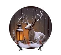 QMKFWT Christmas elk Bone China Decorative Plate,6inï¼ˆ15cmï¼‰ Ceramic Decorative Plates with Display Stand,Ceramic Ornaments Art Porcelain Plate for Home Office Wall Decor Collections Plates