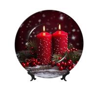 QMKFWT Christmas Red Candles Bone China Decorative Plate,8inï¼ˆ20cmï¼‰ Ceramic Decorative Plates with Display Stand,Ceramic Ornaments Art Porcelain Plate for Home Office Wall Decor Collections Plates