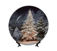 QMKFWT Christmas Tree Snow Bone China Decorative Plate,10inï¼ˆ25cmï¼‰ Ceramic Decorative Plates with Display Stand,Ceramic Ornaments Art Porcelain Plate for Home Office Wall Decor Collections Plates