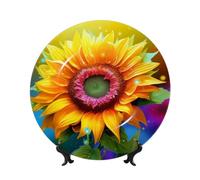 QMKFWT Colorful Sunflower Bone China Decorative Plate,6inï¼ˆ15cmï¼‰ Ceramic Decorative Plates with Display Stand,Ceramic Ornaments Art Porcelain Plate for Home Office Wall Decor Collections Plates