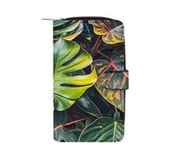 QMKFWT Colorful Tropical Leaves Pattern Leather Wallet Long Checkbook Wallets Classic Bifold Ladies Clutch with ID Window