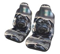 QMKFWT Cute Black Pug Dog Printed 2 Pcs Automotive Seat Covers for Front with Elastic Straps Car Protector Seat Covers for Car SUV Truck