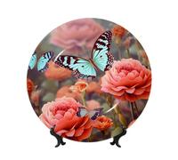 QMKFWT Cute Butterfly Flower Bone China Decorative Plate,6inï¼ˆ15cmï¼‰ Ceramic Decorative Plates with Display Stand,Ceramic Ornaments Art Porcelain Plate for Home Office Wall Decor Collections Plates