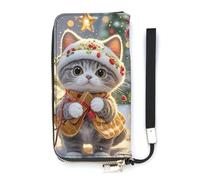 QMKFWT Cute Cat Sing Christmas Carols Wallet Large Capacity Clutch Cash PursePU Leather Long Zipper Pouch Wallet Unisex, white, 20x10.5cm, Wallet