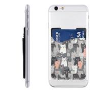 QMKFWT Cute Funny Grey Cats Pattern Phone Wallet, Stick On Card Holder for Back of Phone Case - Leather Cell Phone Card Wallet Sleeve Adhesive Phone Pocket - Compatible with Most Cell Phones