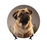 QMKFWT Cute pug dog Bone China Decorative Plate,10inï¼ˆ25cmï¼‰ Ceramic Decorative Plates with Display Stand,Ceramic Ornaments Art Porcelain Plate for Home Office Wall Decor Collections Plates