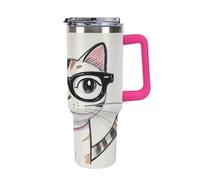 QMKFWT Design Hipster Cat Kitten Glasses Travel Coffee Mug Reusable Durable Stainless Steel Insulated Tumbler with Handle And Straw Leak Resistant Portable Thermal Cup Gifts for Men Women 40 Oz