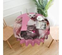QMKFWT Dogs and Cats Printed Round Tablecloth,Dust-Proof Wrinkle Resistant Table Cover Washable Polyester Table Cloth for Kitchen Dining Room Farmhouse Picnic Indoor Outdoor(Round 60 Inch)