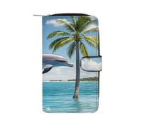 QMKFWT Dolphins And Palm Trees Leather Wallet Long Checkbook Wallets Classic Bifold Ladies Clutch with ID Window