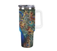 QMKFWT Elegant Peacock Travel Coffee Mug Reusable Durable Stainless Steel Insulated Tumbler with Handle And Straw Leak Resistant Portable Thermal Cup Gifts for Men Women 40 Oz