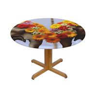 QMKFWT Elephant Trunk Couple Flowers Round Spandex Tablecloth 40 Inch, Elastic Fitted Waterproof Tablecloths Stretch Washable Picnic Table Cover for Camping, Dining, Indoor and Outdoor