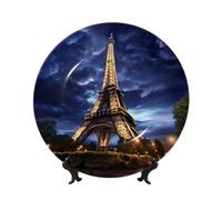 QMKFWT Fantasy Eiffel Tower Bone China Decorative Plate,7in Ceramic Decorative Plates with Display Stand,Ceramic Ornaments Art Porcelain Plate for Home Office Wall Decor Collections Plates