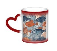 QMKFWT Fish Doodle Pattern Coffee Mugs 11 Oz Heat Sensitive Starry Sky Color Changing Mugs, Ceramic Magic Cup with Handle Personalized Tea Cups Novelty Coffee Cup Gift for Women Men Red