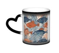 QMKFWT Fish Doodle Pattern Coffee Mugs 11 Oz Heat Sensitive Starry Sky Color Changing Mugs, Ceramic Magic Cup with Handle Personalized Tea Cups Novelty Coffee Cup Gift for Women Men Black