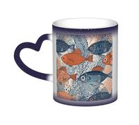 QMKFWT Fish Doodle Pattern Coffee Mugs 11 Oz Heat Sensitive Starry Sky Color Changing Mugs, Ceramic Magic Cup with Handle Personalized Tea Cups Novelty Coffee Cup Gift for Women Men Blue
