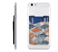 QMKFWT Fish Doodle Pattern Phone Wallet, Stick On Card Holder for Back of Phone Case - Leather Cell Phone Card Wallet Sleeve Adhesive Phone Pocket - Compatible with Most Cell Phones