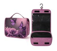 QMKFWT Flowers And Purple Butterfly Toiletry Bag Waterproof Makeup Bag with Hanging Hook Cosmetic Bags for Women Travel Essentials