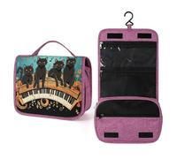 QMKFWT Four Black Cats on The Piano Toiletry Bag Waterproof Makeup Bag with Hanging Hook Cosmetic Bags for Women Travel Essentials